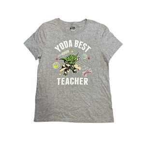 Star Wars T-Shirt Women's M Gray Yoda Graphic Tee Best Teacher Short Sleeve‎